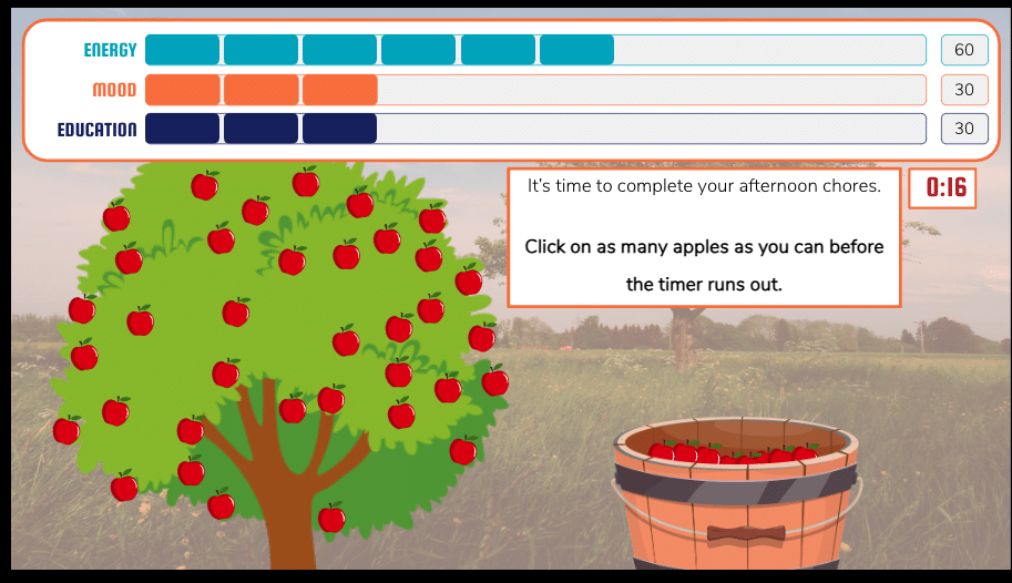 Example of how kids' energy, mood, and education levels fluctuate based on their choices and performance.