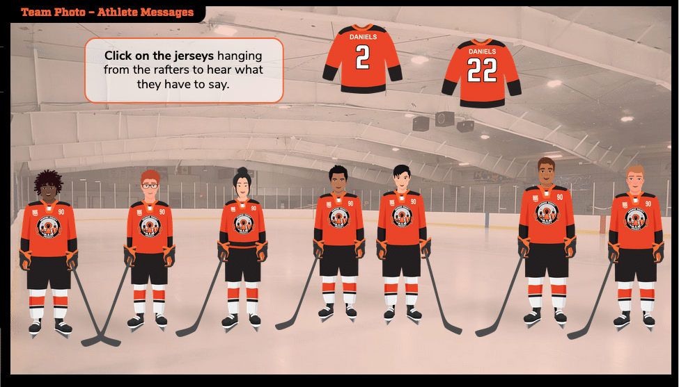 One of the scenes involving hockey equipment and uniforms