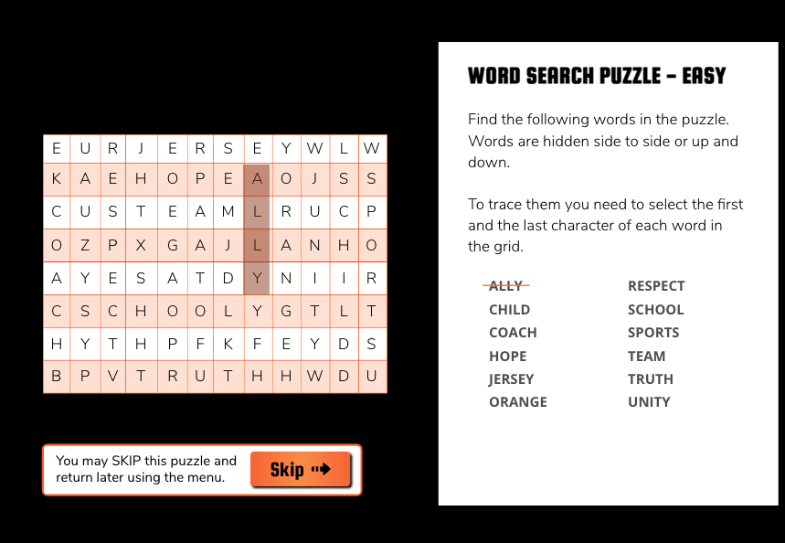 Example of an easy word search puzzle for 7-11 year-old children