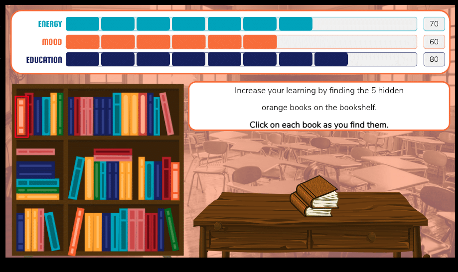 Through the Day of Life simulation, learners make choices about their actions throughout the day, with each decision impacting their energy, mood, and educational experience.