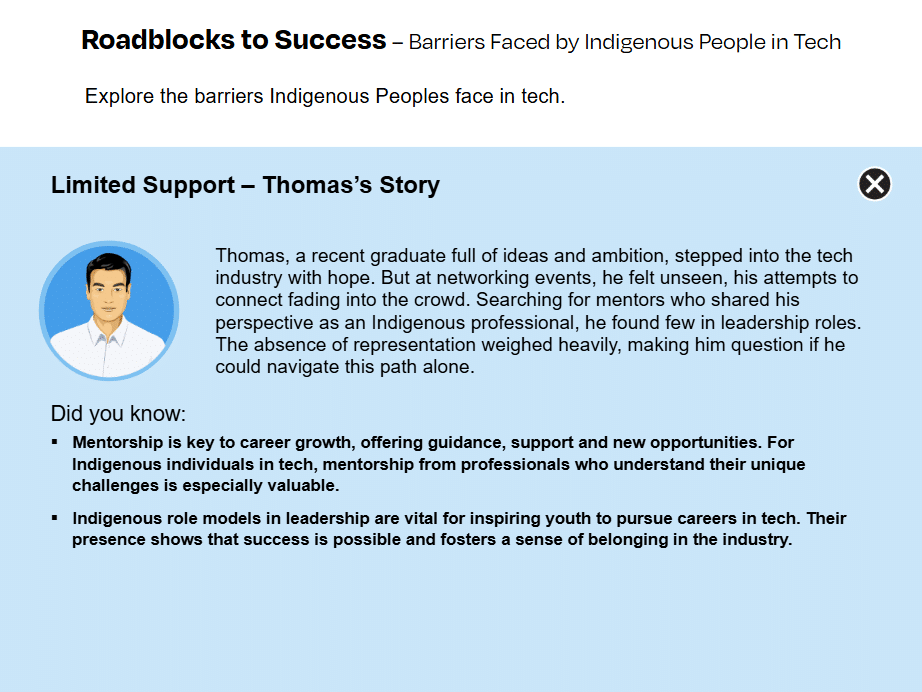Thomas's Story from the activity Roadblocks to Success: Thomas, a recent graduate full of ideas and ambition, stepped into the tech industry with hope. But at networking events, he felt unseen, his attempts to connect fading into the crowd. Searching for mentors who shared his perspective as an Indigenous professional, he found few in leadership roles. The absence of representation weighed heavily, making him question if he could navigate this path alone.

Did you know:
Mentorship is key to career growth, offering guidance, support and new opportunities. For Indigenous individuals in tech, mentorship from professionals who understand their unique challenges is especially valuable.
Indigenous role models in leadership are vital for inspiring youth to pursue careers in tech. Their presence shows that success is possible and fosters a sense of belonging in the industry.