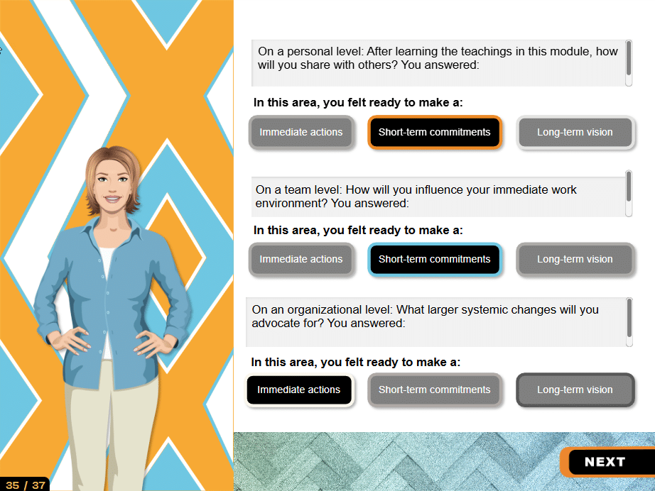 In Weaving Change activity, learners weave what they’ve learned with their commitments to action, creating a pattern that represents their role in reconciliation. After answering the “personal level” question, the “cultural safety thread” will appear as a number of horizontal threads in the chosen colour. After answering the “team level” question, the “Indigenous Knowledges thread” will appear as a number of vertical threads in the chosen colour, interwoven with the other threads. After answering the “organizational level” question, the “building trust thread” will appear as a number of diagonal threads in the chosen colour, interwoven with the other threads.