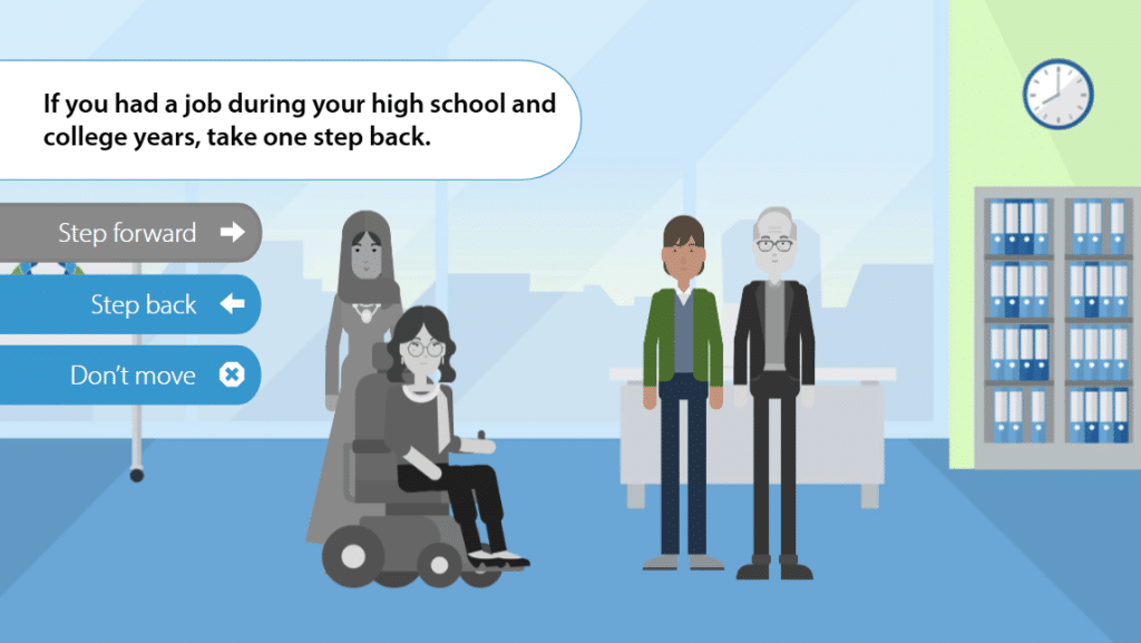 A digital scene in which the learner takes control of an avatar, standing amidst other non-player characters